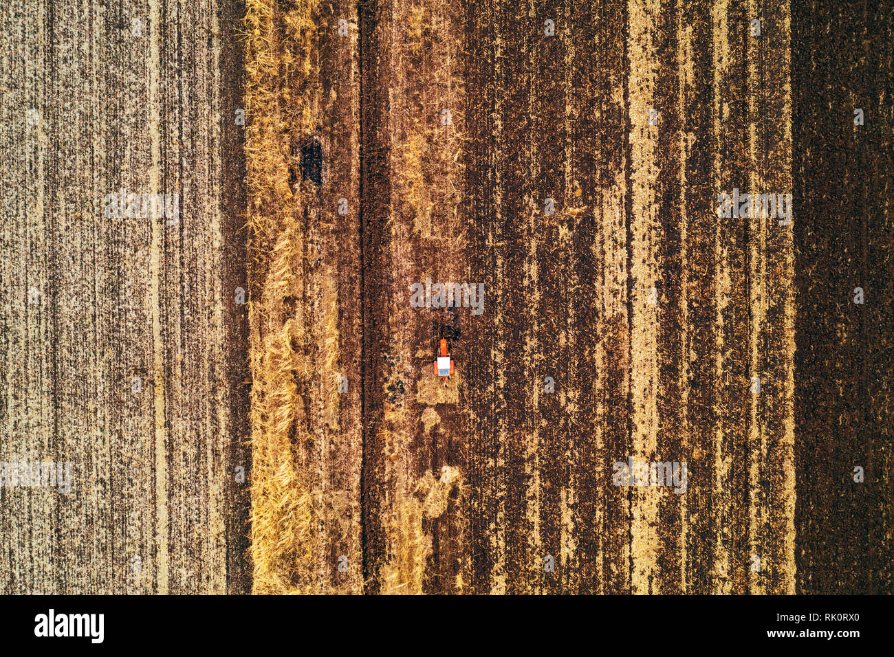 Vista aerea del trattore agricolo campo di aratura in autunno freddo pomeriggio da fuco pov Foto Stock