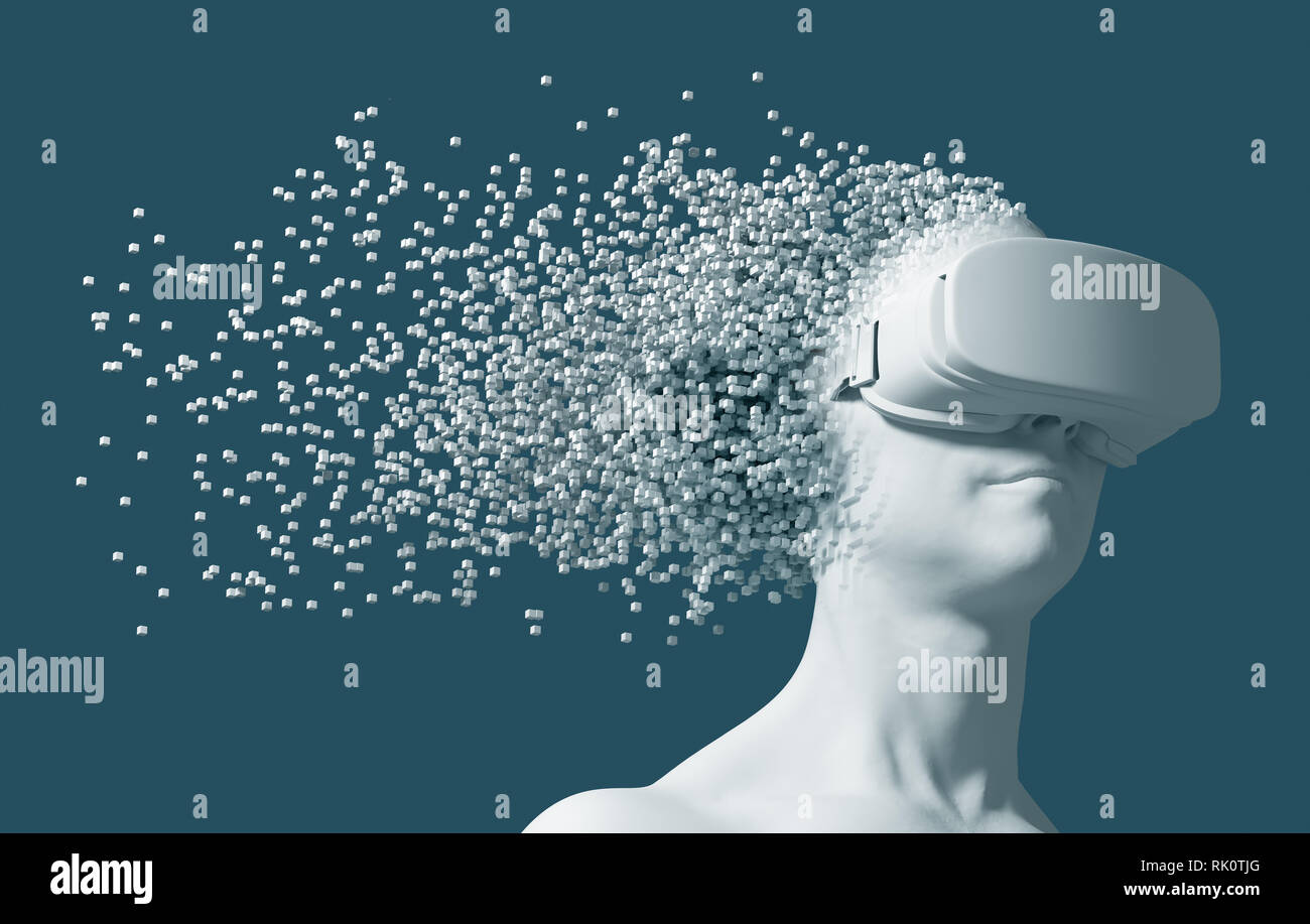 Uomo che indossa occhiali per realtà virtuale si disintegra in 3D Pixel. 3D'illustrazione. Foto Stock
