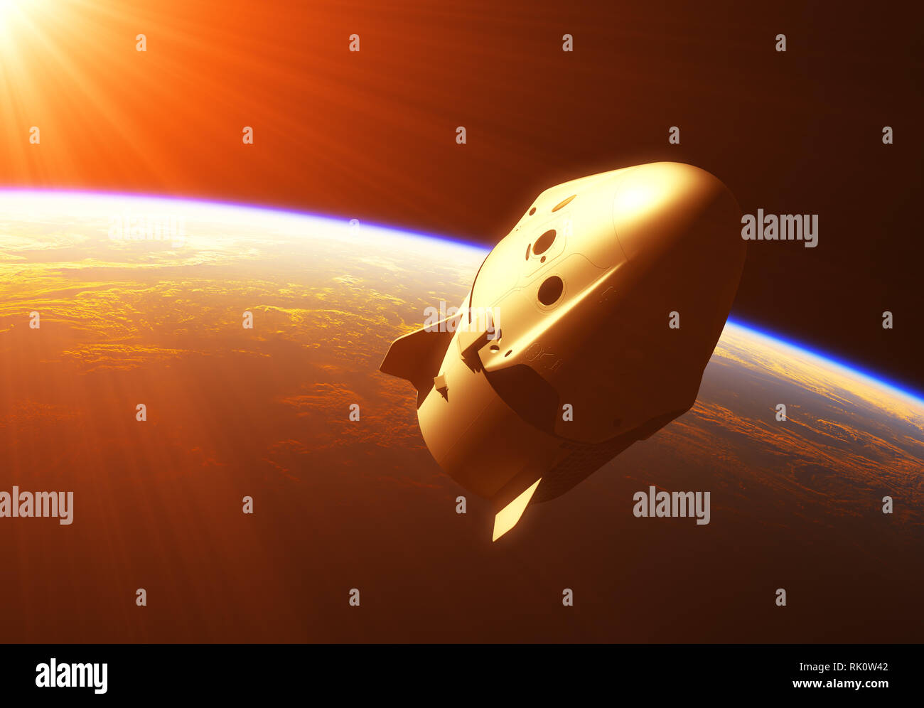 Veicolo spaziale commerciale sotto i raggi del Sole Nascente. 3D'illustrazione. Foto Stock