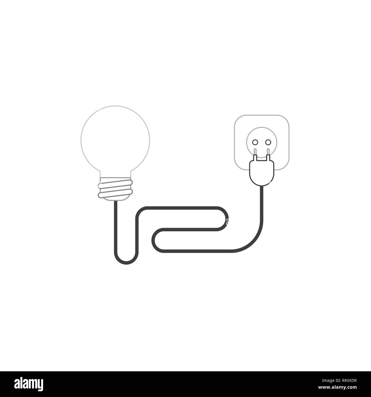 Design piatto stile illustrazione vettoriale nozione di lampadina con il filo elettrico di spina e presa su sfondo bianco. Bianchi e colorati contorni. Illustrazione Vettoriale