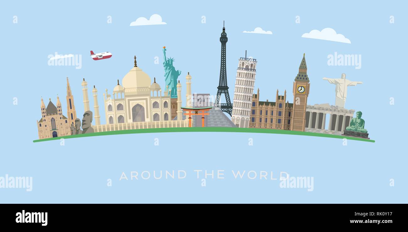 Viaggiare in tutto il mondo ai famosi punti di riferimento di vettore illustrazione banner Illustrazione Vettoriale