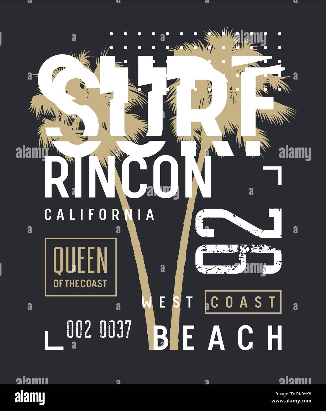Illustrazione di surf. Navigare in California t-shirt e abbigliamento design. Grafico di tendenza con un raccordo a t. Vettori Illustrazione Vettoriale