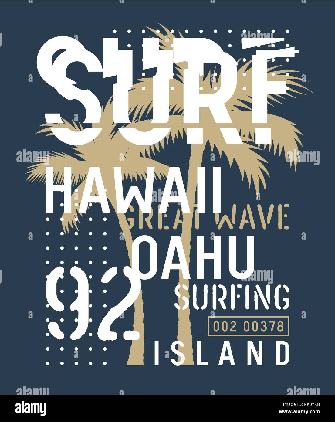 Illustrazione di surf. T-shirt e abbigliamento design. Grafico di tendenza con un raccordo a t. Vettori Illustrazione Vettoriale
