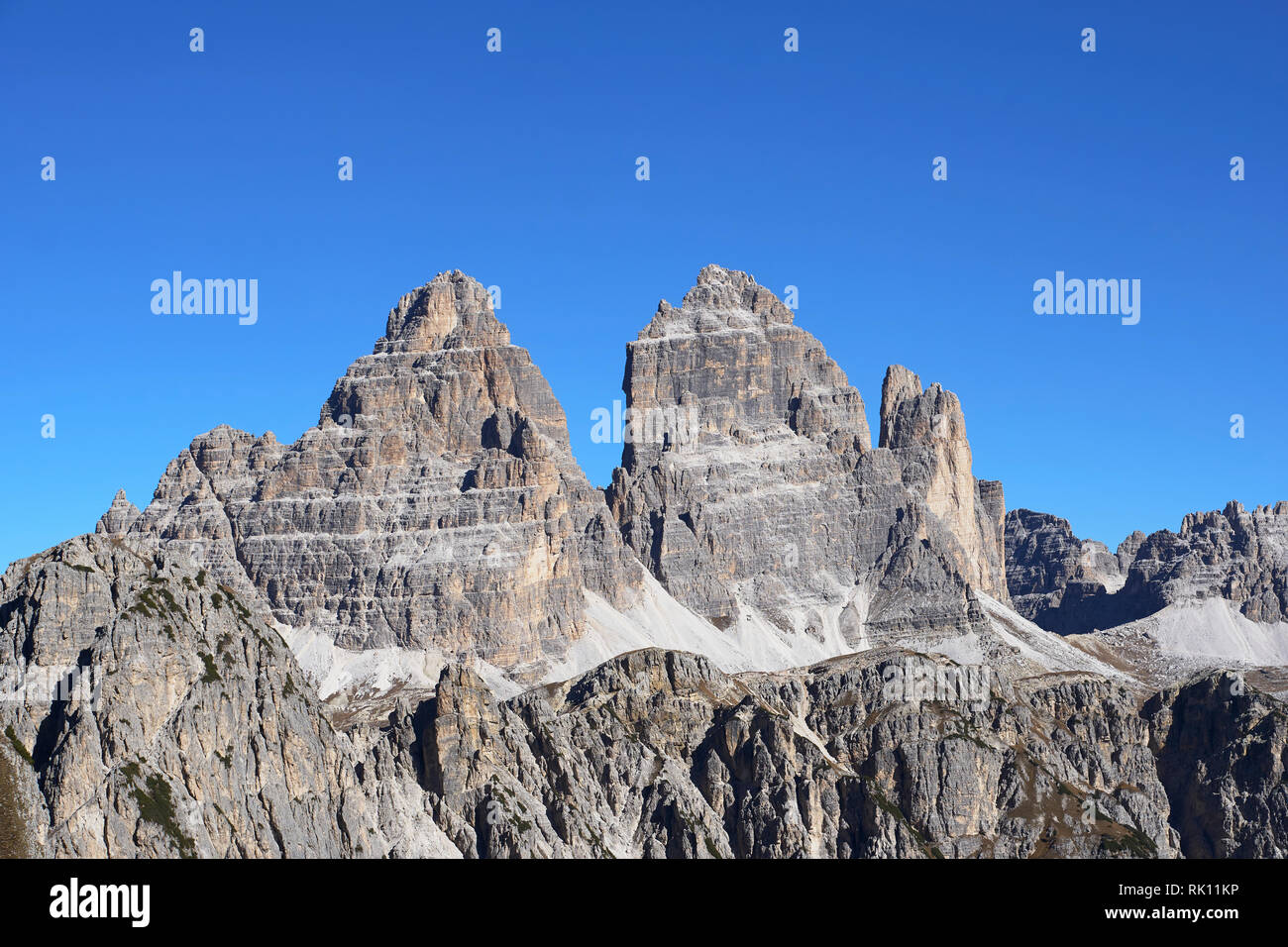 Tre Cime di Lavaredo, visto dal Cadini di Misurina, Dolomiti, Belluno, Veneto, Italia Foto Stock