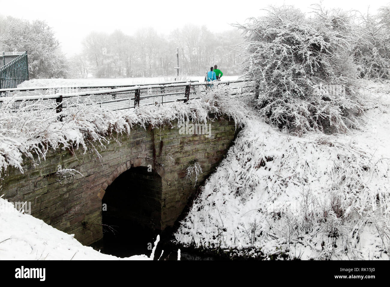 Paesaggi innevati, Chorlton seo, Chorlton Brook, Manchester, Regno Unito Foto Stock