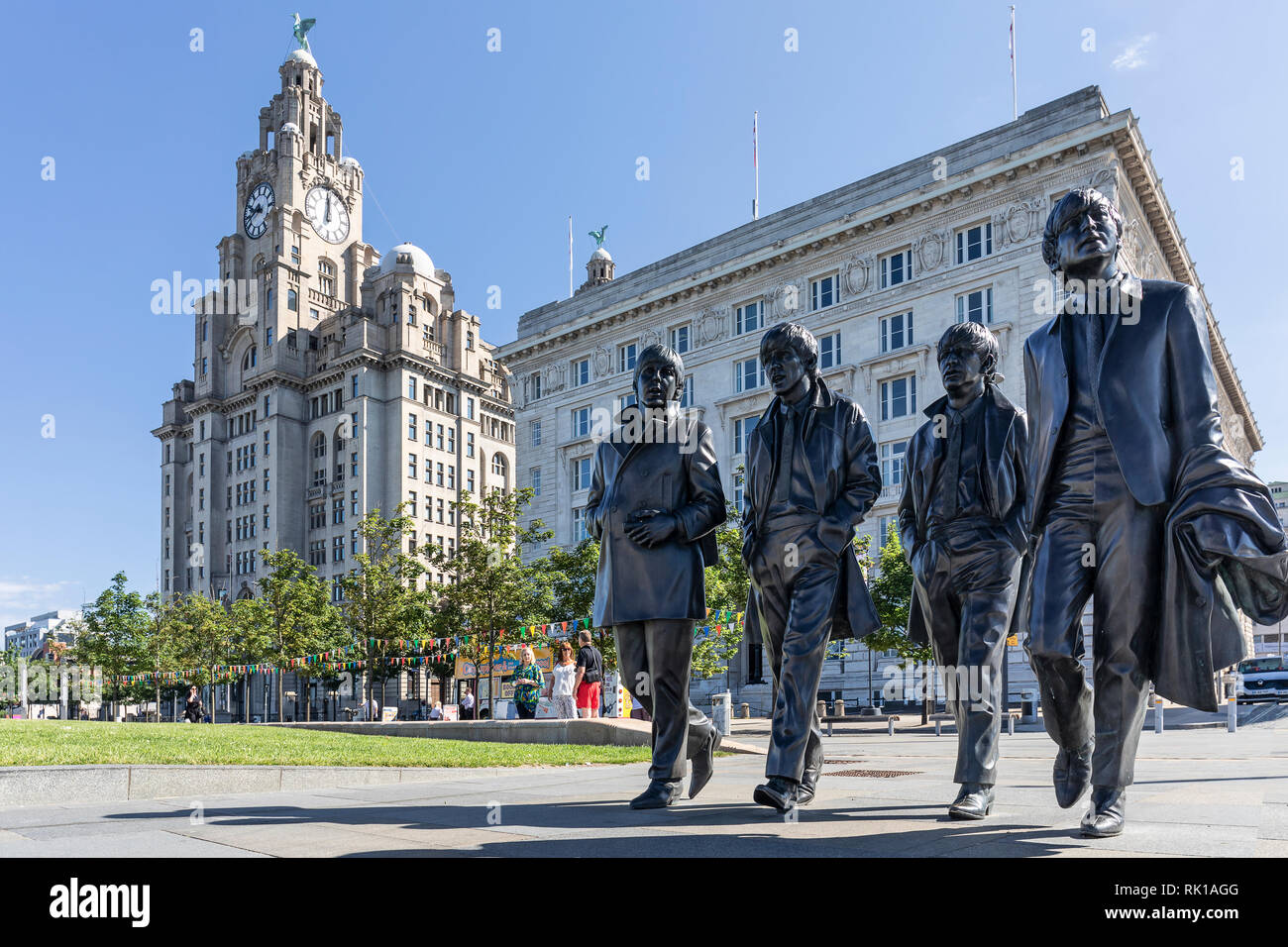 Beatles statua al Pier Head in Liverpool Foto Stock