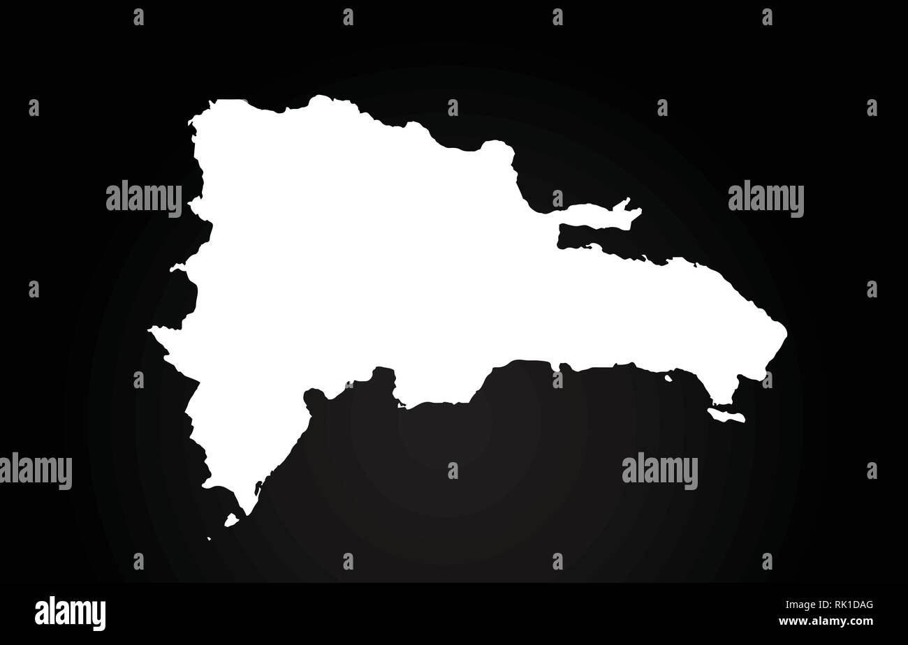 Repubblica Dominicana in bianco e nero confini mappa logo design. Sfondo nero Illustrazione Vettoriale