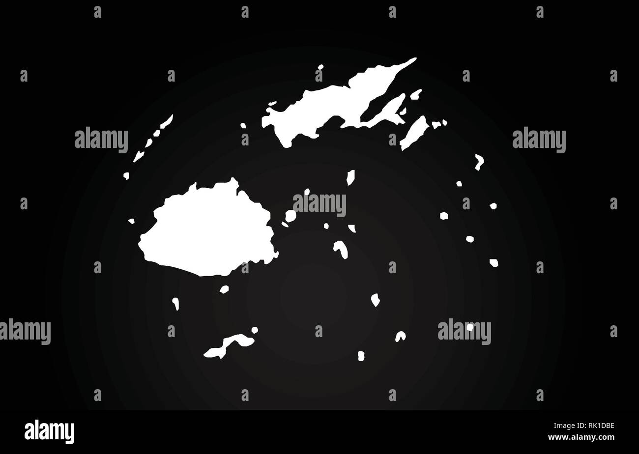 Isole Fiji in bianco e nero confini mappa logo design. Sfondo nero Illustrazione Vettoriale