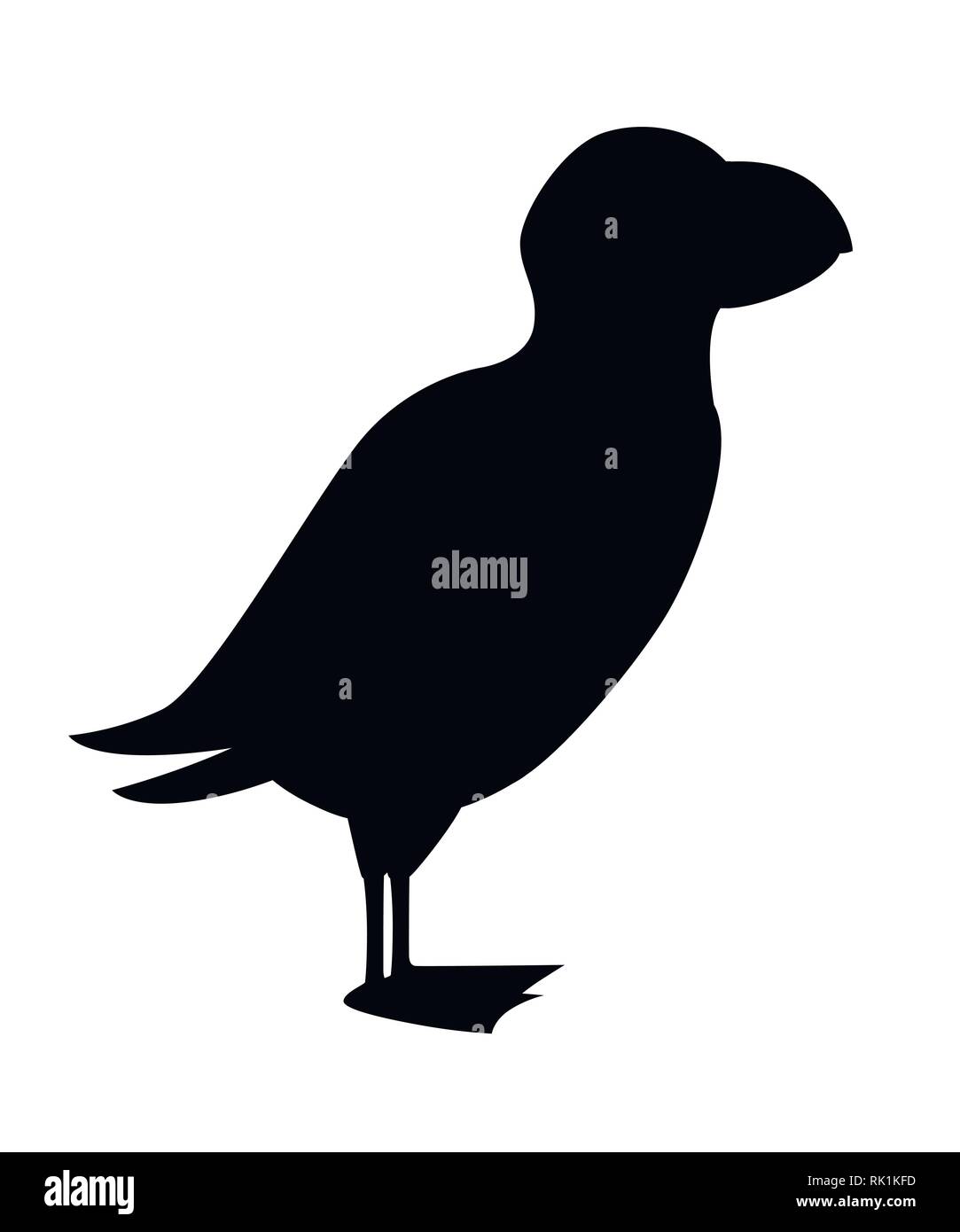 Silhouette nera. Flying White Bird. Atlantic puffin. Animali artici, cartoon design piatto. Illustrazione di vettore isolato su sfondo bianco. Illustrazione Vettoriale