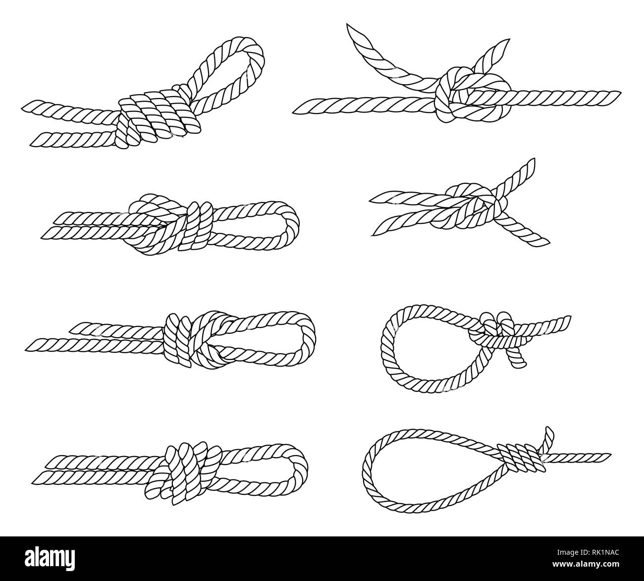 Set di cima nautica nodi. Il design della linea. Forte corda nautica nodi. Piatto illustrazione vettore isolato su sfondo bianco. Illustrazione Vettoriale