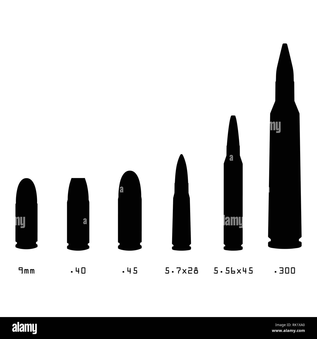 Illustrazione Vettoriale silhouette nera diversi tipi di proiettili isolati su sfondo bianco. Fucile pallottole calibro Illustrazione Vettoriale