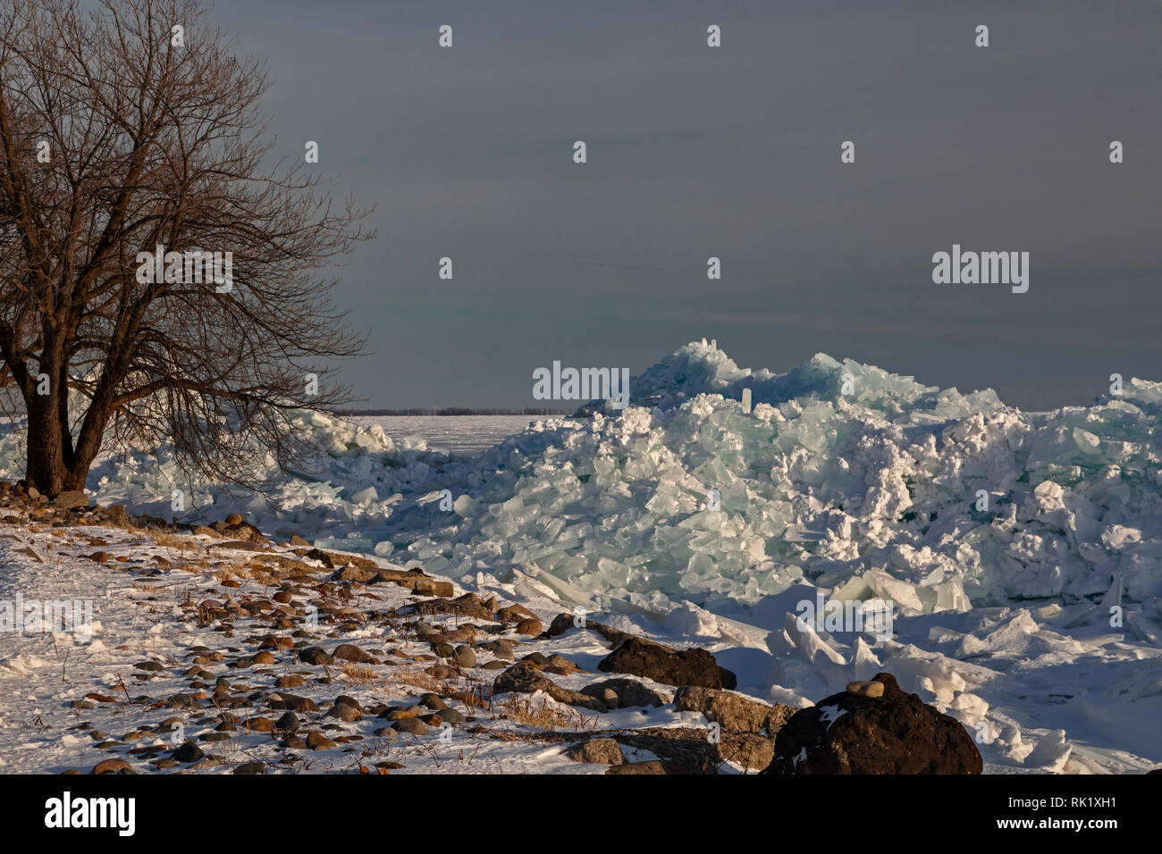 Carta Harrison Township, Michigan - enormi cumuli di ghiaccio del lago furono ammucchiati sulla riva del lago di St. Clair durante un sub-zero ondata di freddo causata dal p Foto Stock