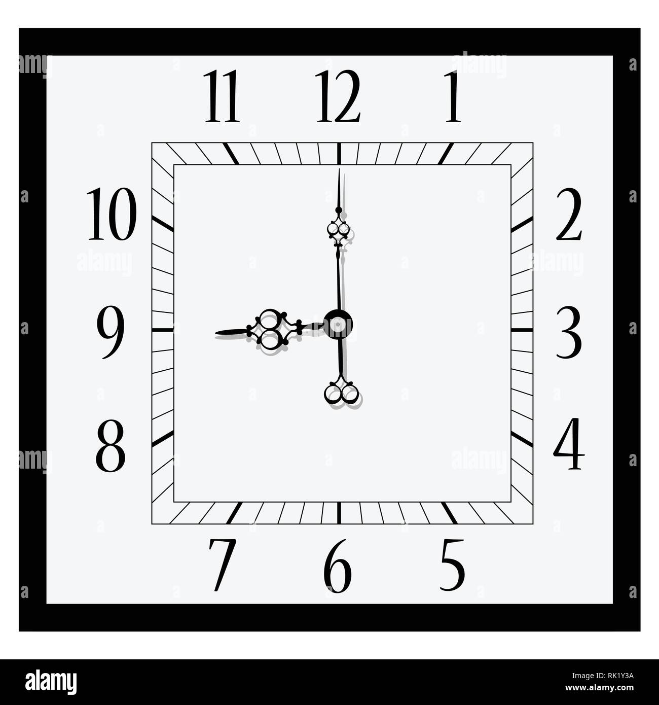 Illustrazione Vettoriale office square orologio. Classico bianco e nero orologio da parete isolata su bianco. Orologio a parete mostra nove Illustrazione Vettoriale