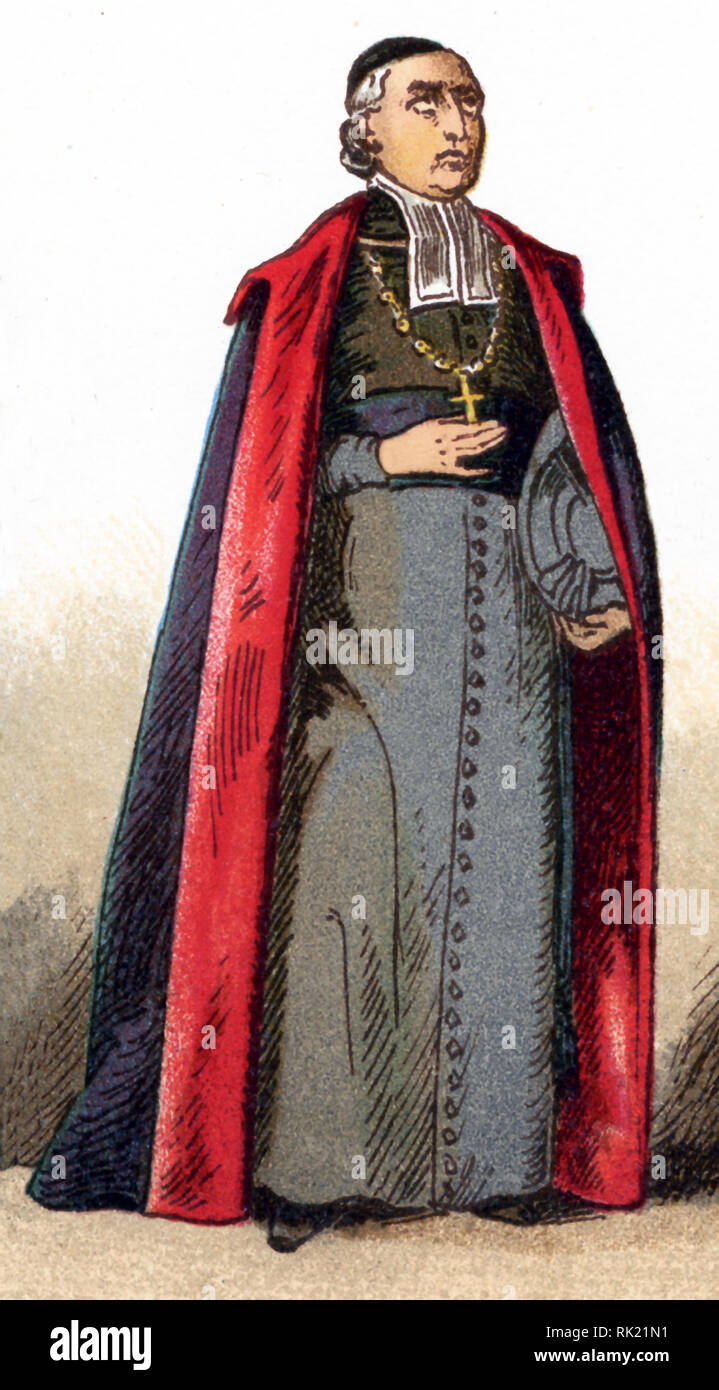 La figura mostrata qui rappresenta il costume ecclesiastico di un vescovo in paramenti ordinario. L'illustrazione risale al 1882. Foto Stock