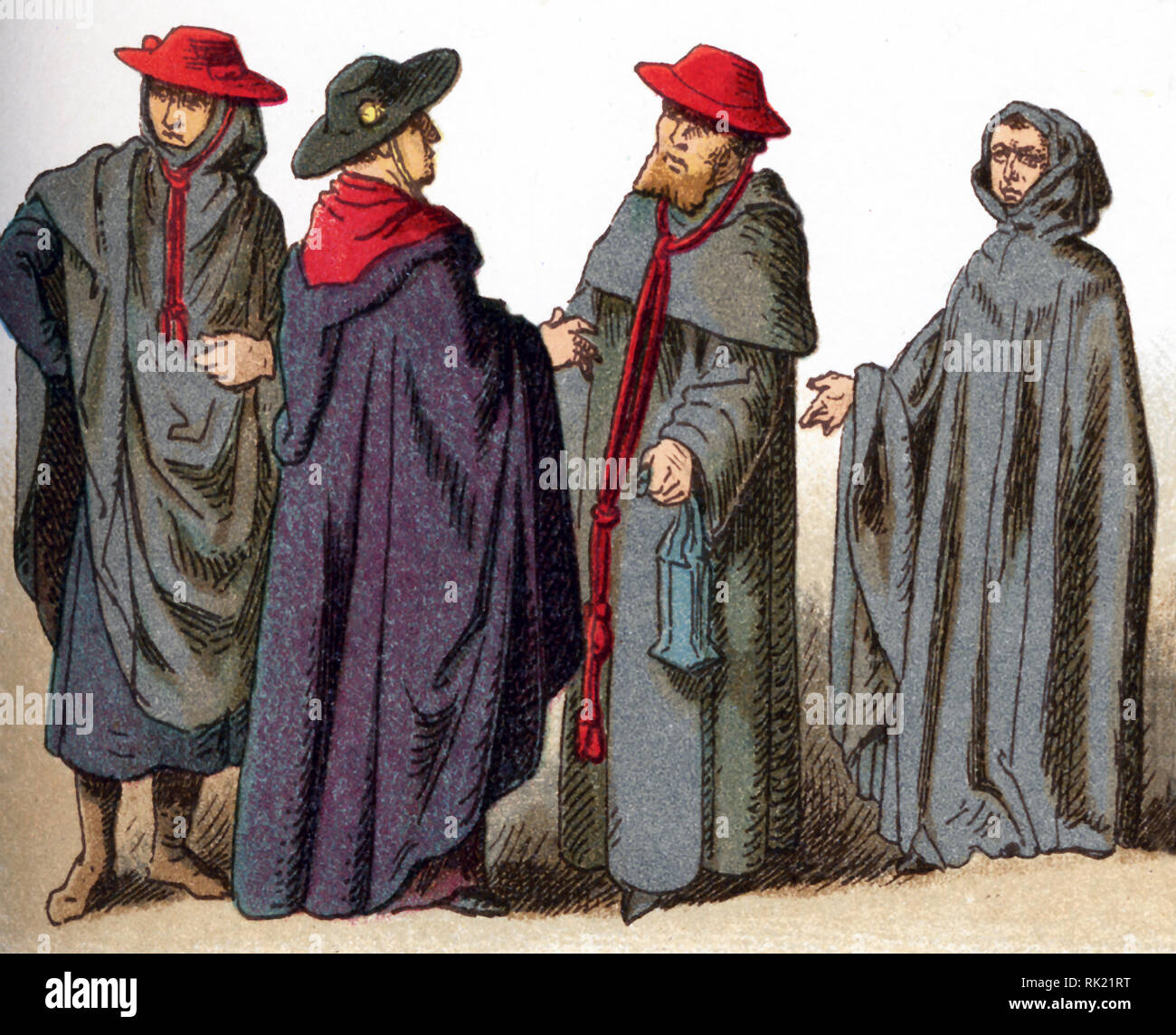 Le illustrazioni riportate di seguito mostrano i costumi ecclesiastici. Essi sono, da sinistra a destra: tre cappelli indossati per uso ordinario da vescovi e cardinali e un cappuccio indossato per i funerali nelle solennità. L'illustrazione risale al 1882. Foto Stock