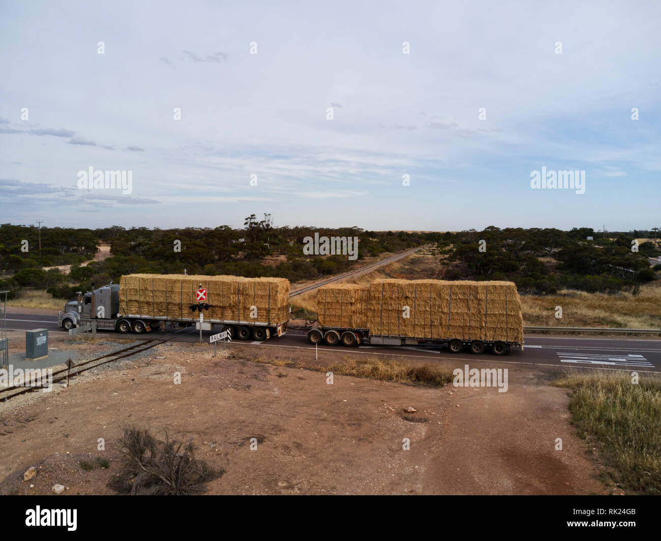 Roadtrain kart fieno da foraggio attraversando i binari ferroviari sulla penisola di Eyre vicino Kyancutta Sud Australia Foto Stock