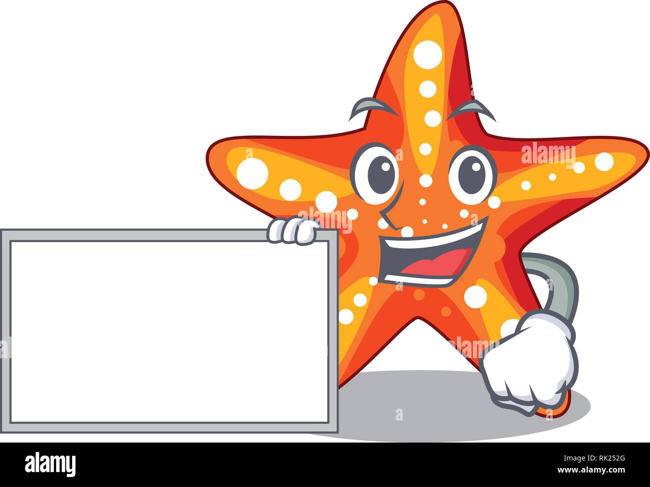 Con scheda starfish accanto al carattere in spiaggia Illustrazione Vettoriale