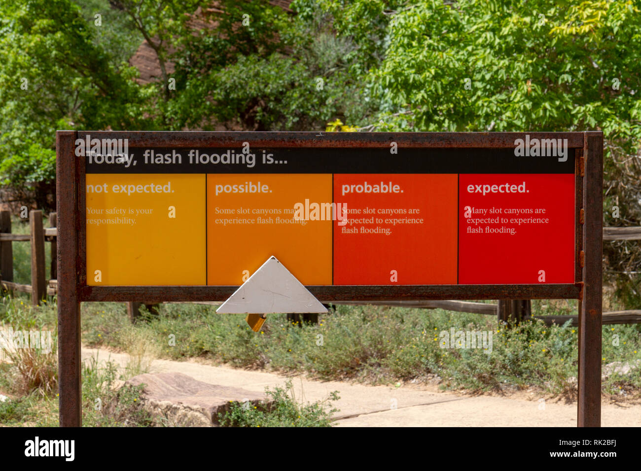 Allarme alluvione rapida segno all'inizio del Riverside Walk fino Zion Canyon Zion National Park, Utah, Stati Uniti. Foto Stock