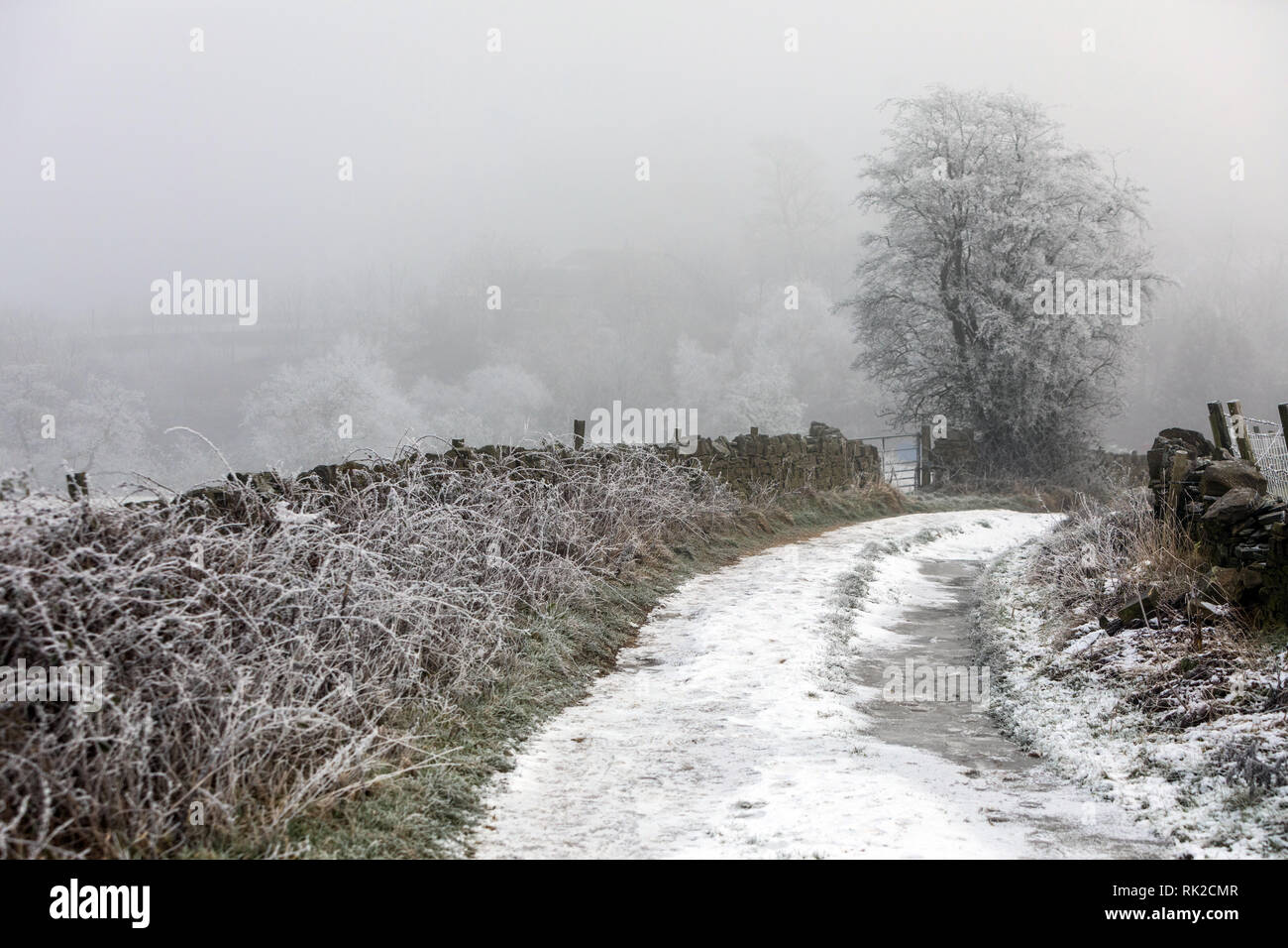 Un viottolo di campagna nel West Yorkshire su un freddo gelido, giornata invernale Foto Stock