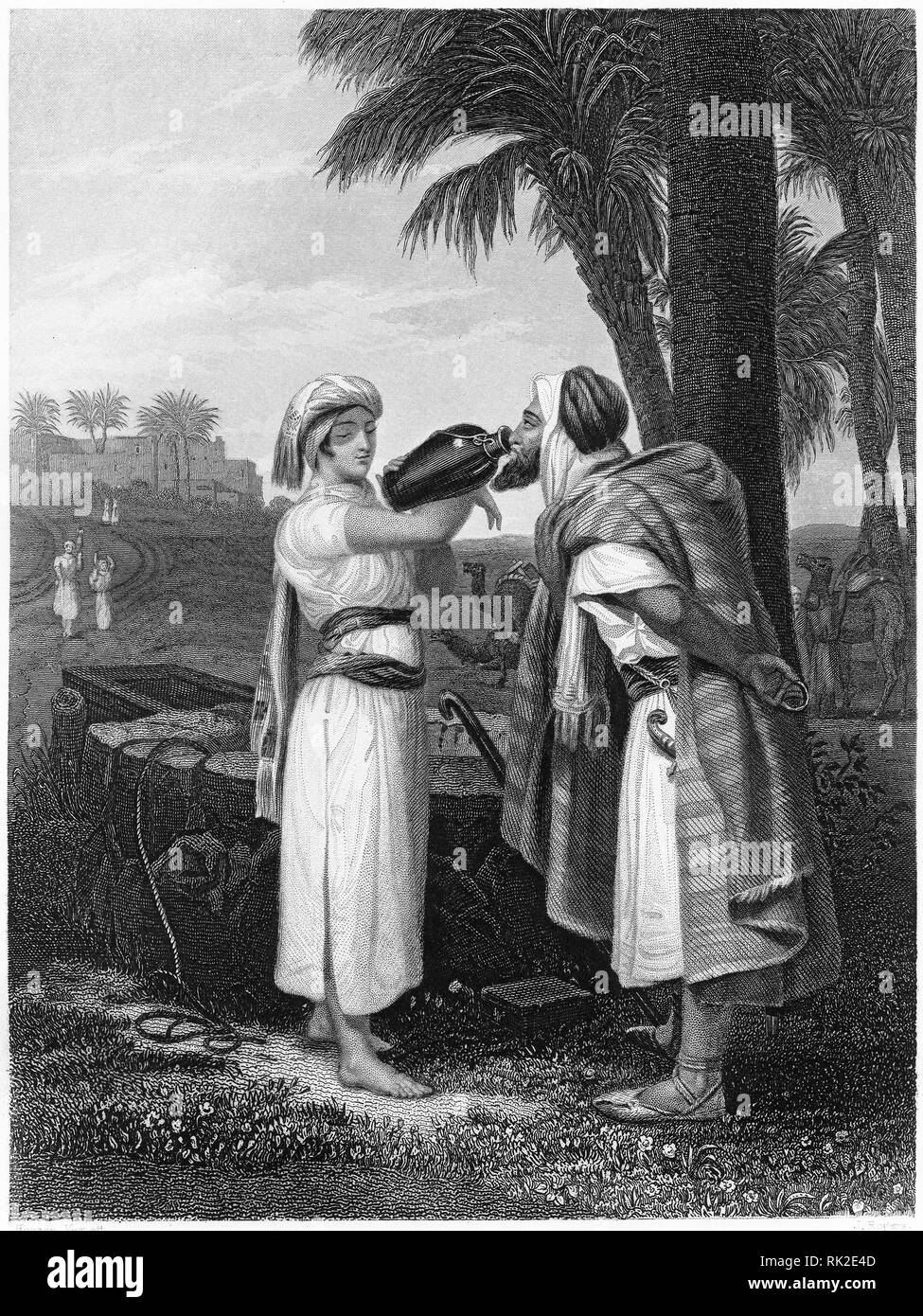 Incisione di Rebecca al pozzo con il servo di Abramo. Dalla Bibbia Self-Interpeting, forse 1843 edition. Foto Stock
