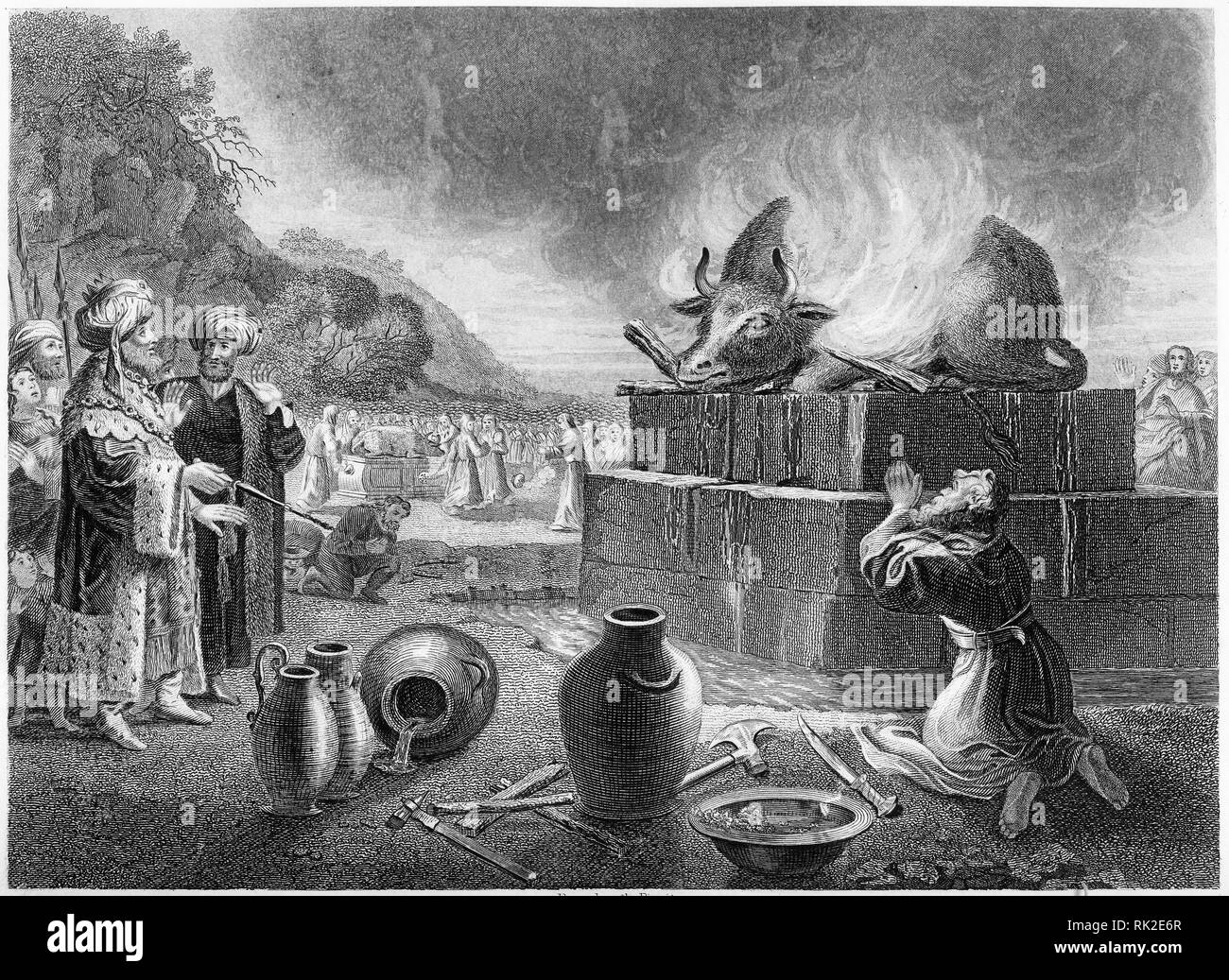 Incisione di Elia e i profeti di Baal sul Monte Carmelo in Israele. Dalla Bibbia Self-Interpeting, forse 1843 edition. Foto Stock