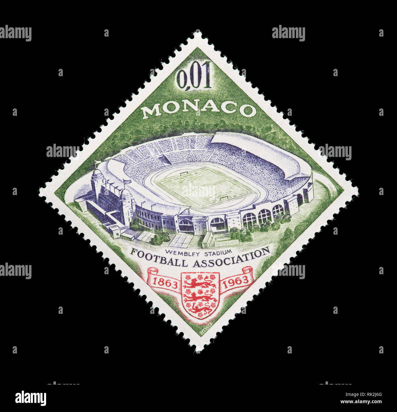 Francobollo da Monaco raffigurante lo Stadio di Wembley e il British Football Association emblema, Centennial of British Football Association Foto Stock