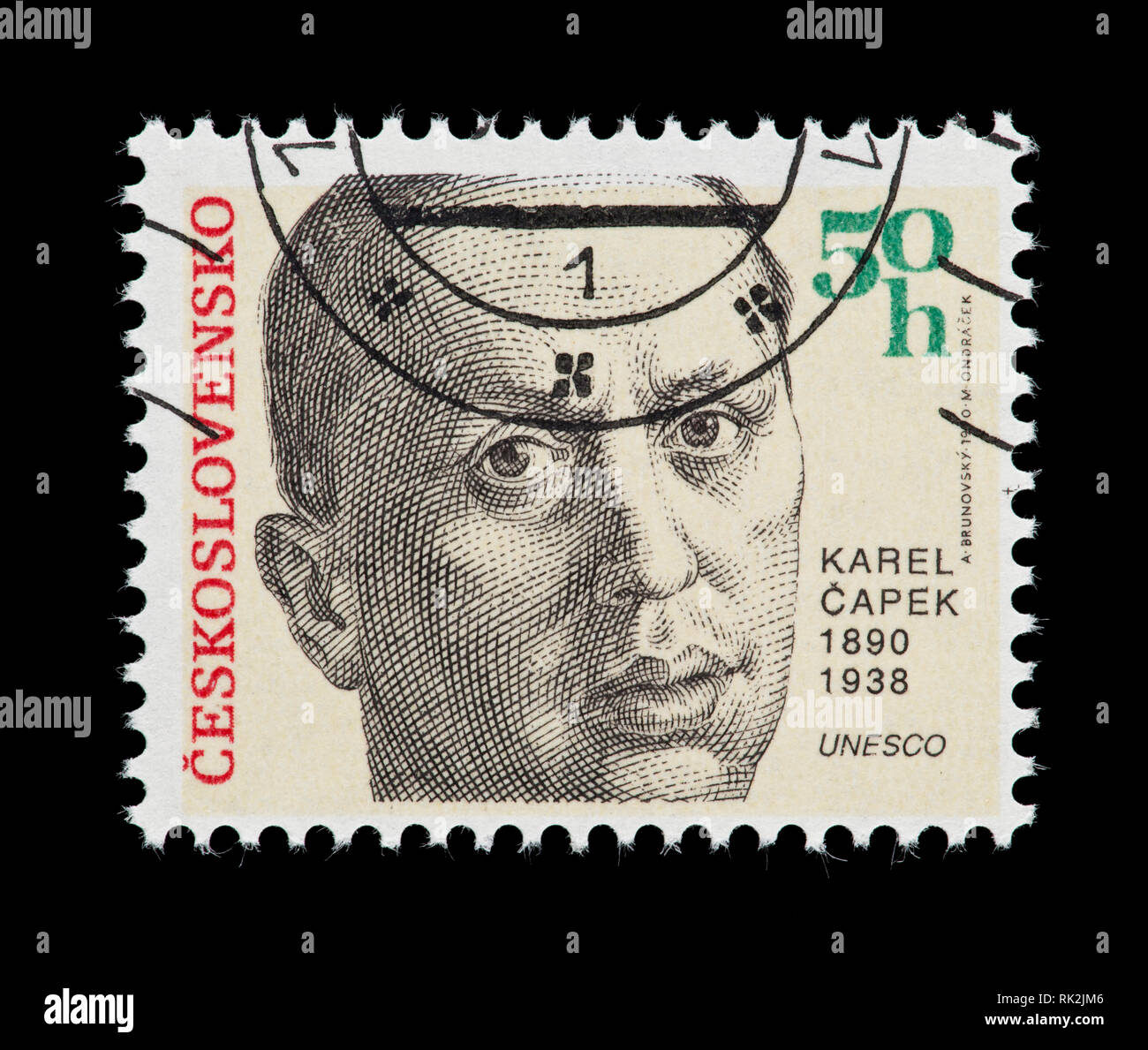 Francobollo dalla Cecoslovacchia raffiguranti Karel Capek, drammaturgo e critico, inventore della parola "robot" Foto Stock