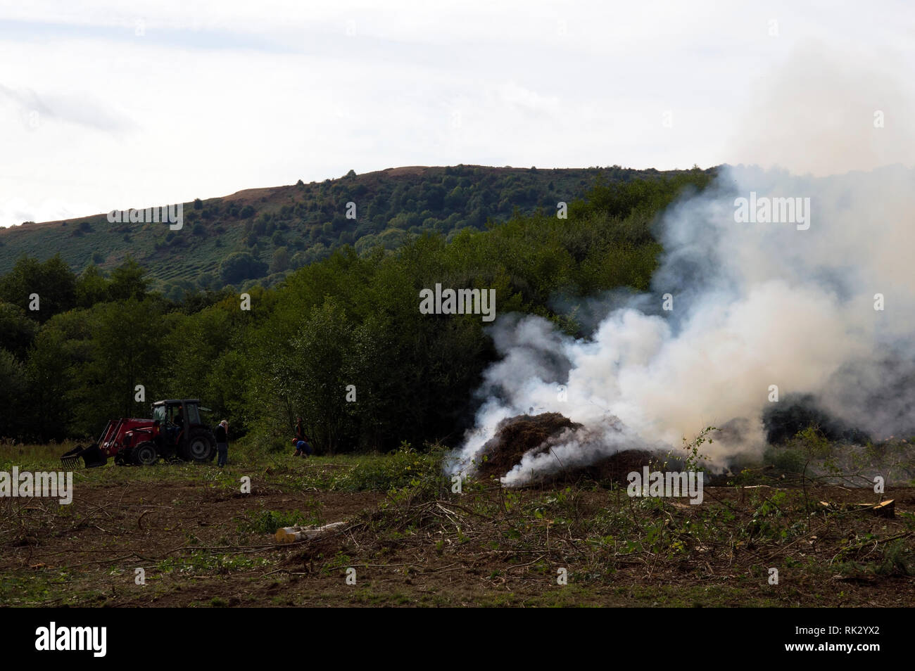 Conservazione sul Malvern Hills, operaio aiutando cancellazione di alberi ed arbusti e bruciando gli alberi abbattuti, per il beneficio della specie commonland. Malv Foto Stock