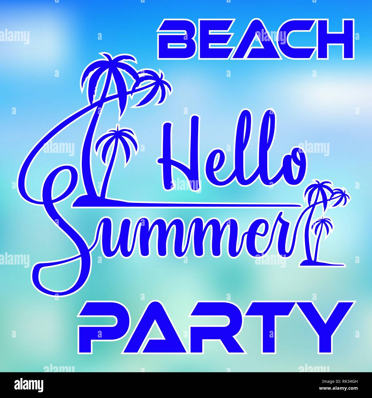Ciao Estate Beach Party tipografia con palme sull isola e sfocata sea sfondo colorato per poster o flyer design Illustrazione Vettoriale