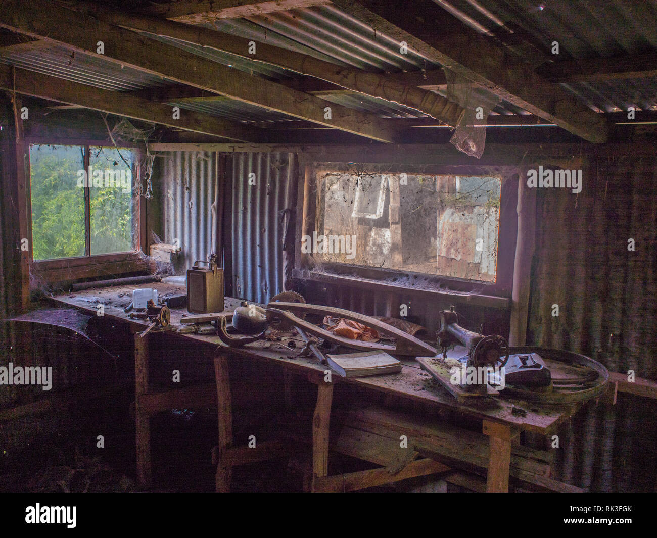 Workshop abbandonati, con la macchina da cucire, Misty Moonbeam's House, Ahu Ahu Ohu, Whanganui River, Nuova Zelanda Foto Stock