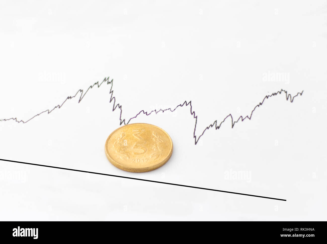 Grafico che mostra cambiamenti rapidi di denaro/stock/delle finanze con la Rupia indiana cinque rupee oro giallo/moneta su bianco chiaro grafico. Foto Stock