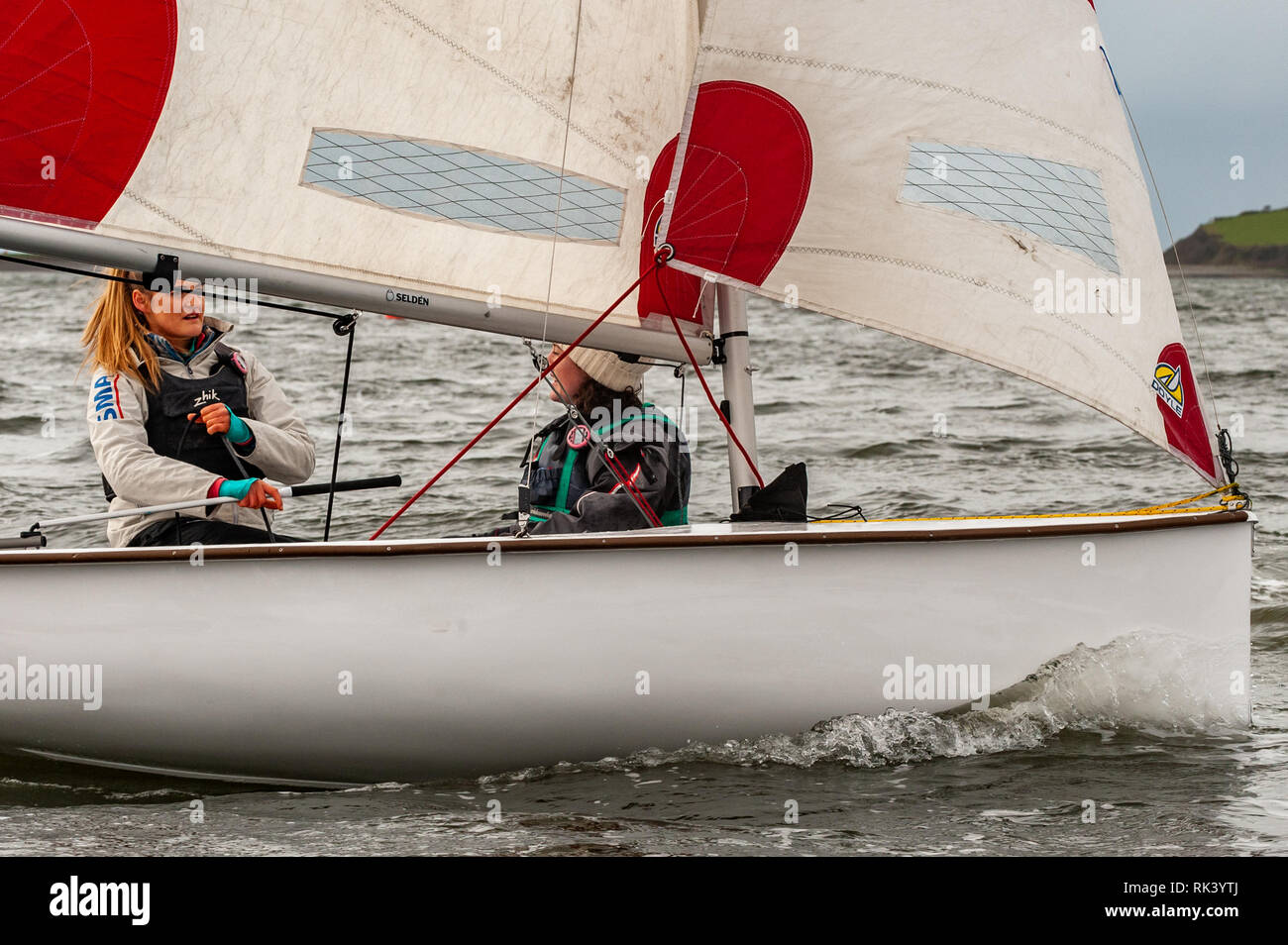 Bantry, West Cork, Irlanda. Il 9 febbraio, 2019. Bantry Sailing Club ospita l'università irlandesi Regata a vela organizzato da UCC, questo weekend quando circa 150 Marinai da 8 università in Irlanda si riuniscono per gare ed eventi sociali. La regata consiste di 80 gare su due giorni in 'Firefly' derive. Credito: Andy Gibson/Alamy Live News. Foto Stock