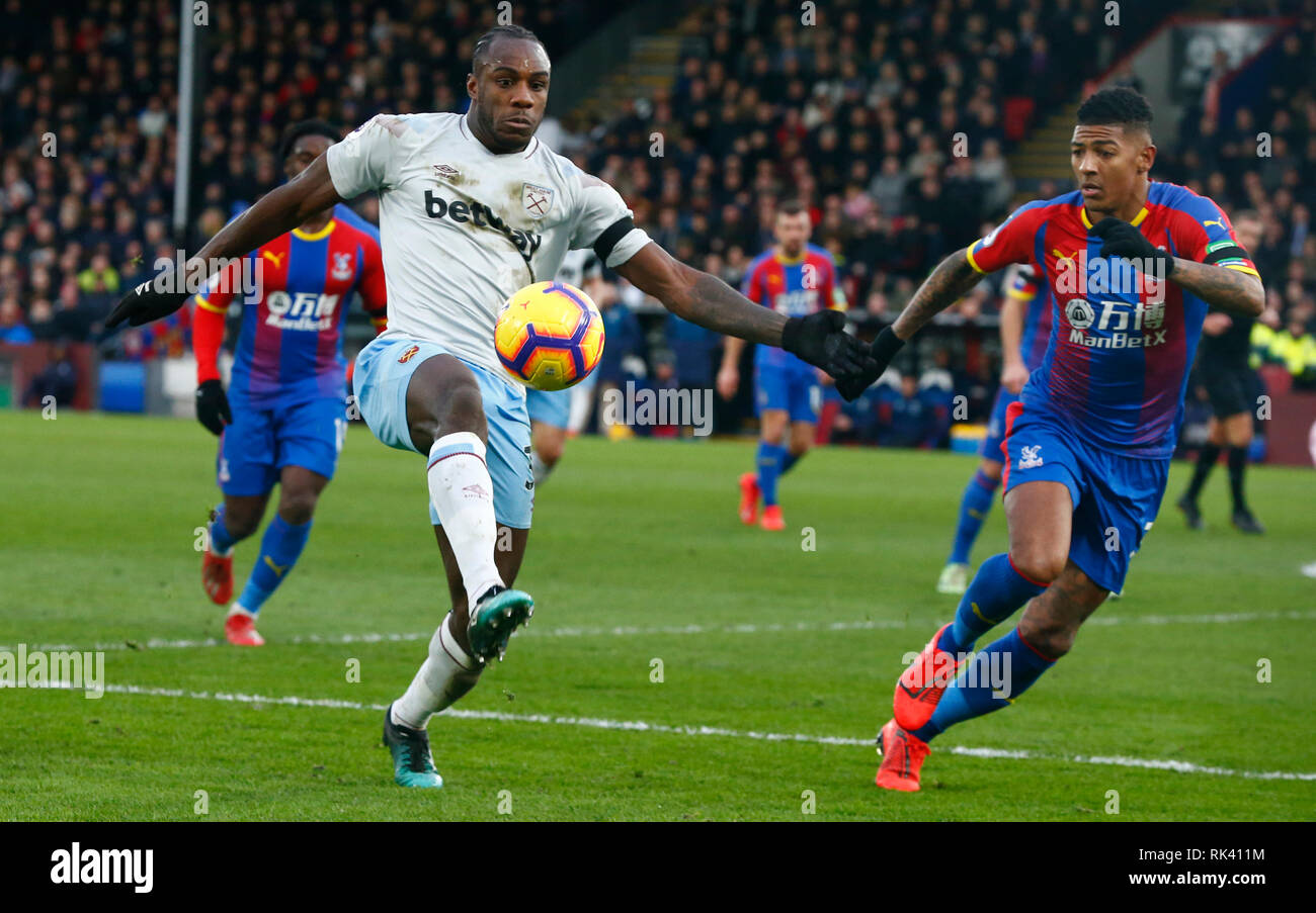 Londra, Inghilterra - 09 February, 2019 West Ham United's Michail Antonio durante la Premier League inglese tra Crystal Palace e West Ham United a Selhurst Park Stadium , Londra, Inghilterra il 09 Feb 2019. Azione di Credito Foto Sport FA Premier League e Football League immagini sono soggette a licenza DataCo. Solo uso editoriale. Nessuna stampa di vendite. Nessun uso personale di vendita. NO non corrisposto usare carte di credito: Azione Foto Sport/Alamy Live News Foto Stock