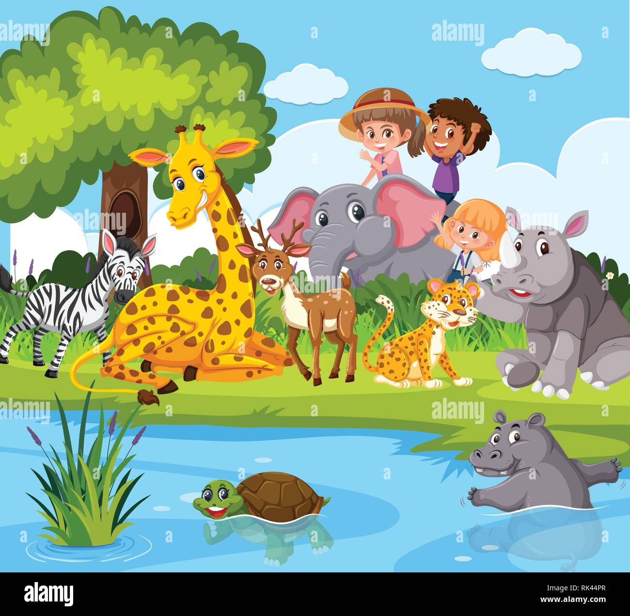 Gli animali e le persone nei pressi di stagno illustrazione Illustrazione Vettoriale