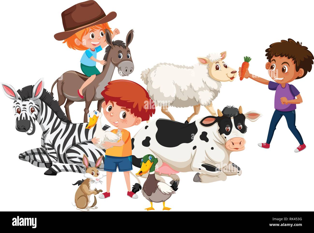 Bambini e e molti animali illustrazione Illustrazione Vettoriale