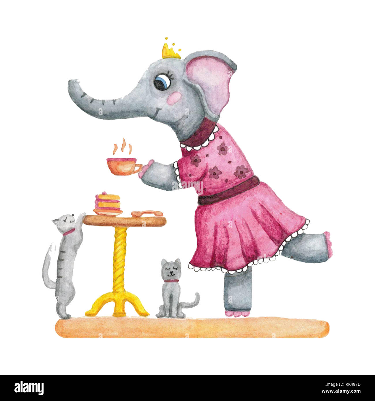 Carino acquerello elefante ragazza in un abito rosa. Tea party. Foto Stock