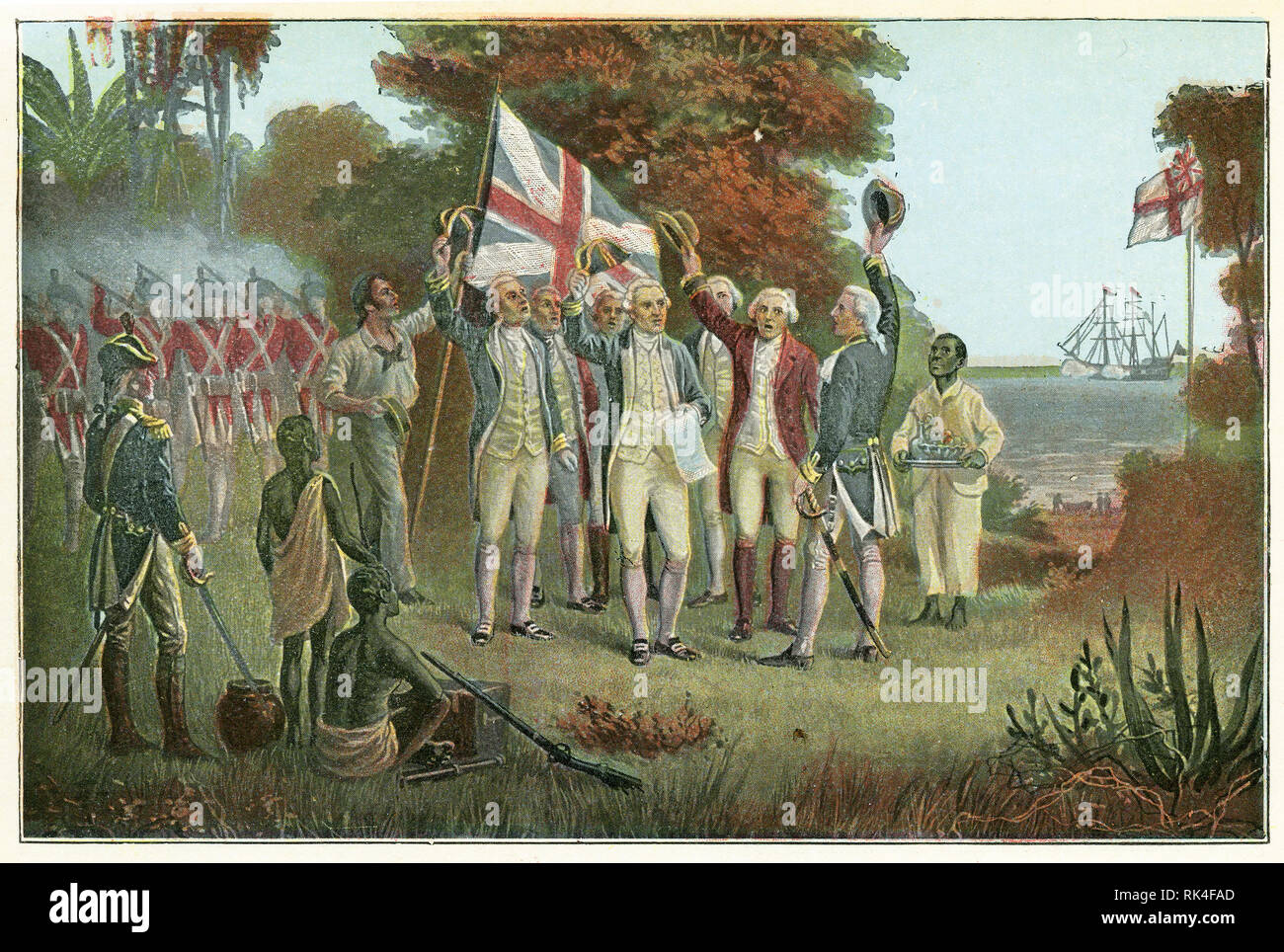 Mezzitoni colorata del capitano James Cook prendendo possesso dell Australia per il re George III nel 1770. Foto Stock