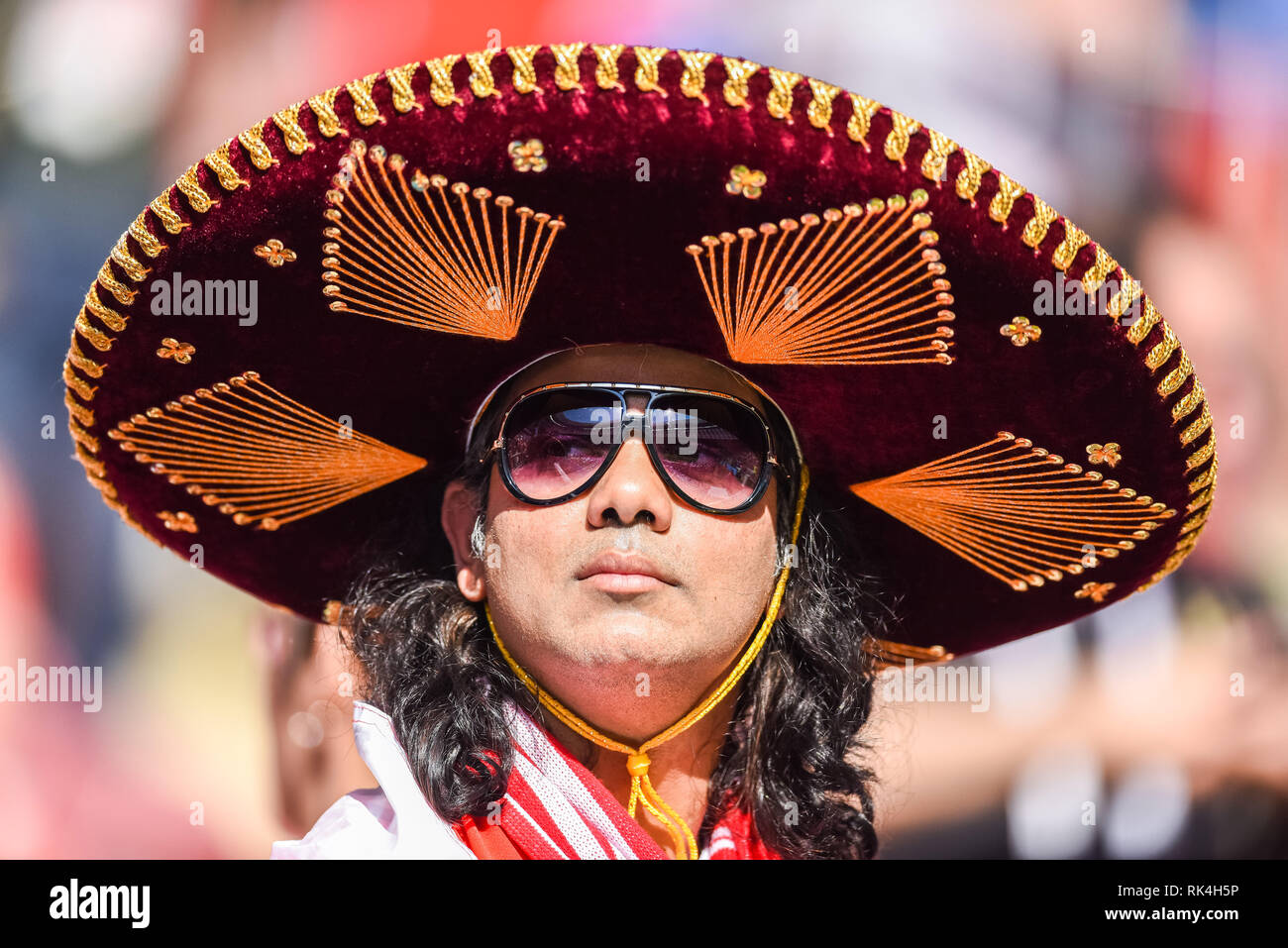 Mosca, Russia - Luglio 1, 2018. Lo spagnolo la ventola prima della Coppa del Mondo FIFA 2018 Round di 16 corrispondono Spagna vs Russia. Foto Stock