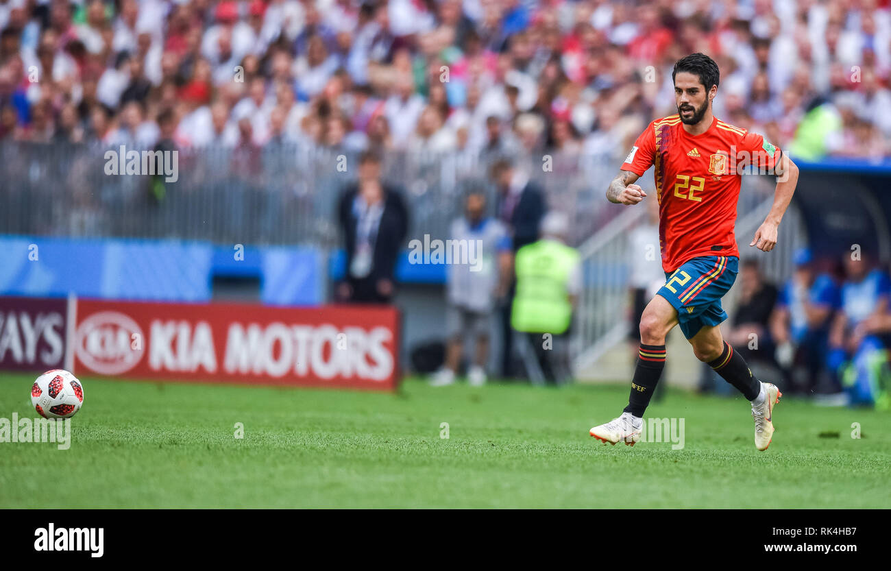Mosca, Russia - Luglio 1, 2018. Spagna nazionale di calcio centrocampista Isco durante la Coppa del Mondo FIFA 2018 Round di 16 corrispondono Spagna vs Russia. Foto Stock