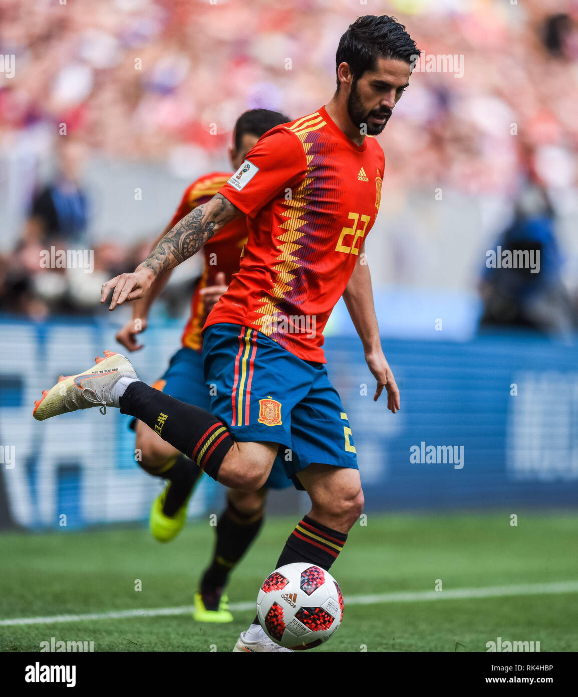 Mosca, Russia - Luglio 1, 2018. Spagna nazionale di calcio centrocampista Isco durante la Coppa del Mondo FIFA 2018 Round di 16 corrispondono Spagna vs Russia. Foto Stock