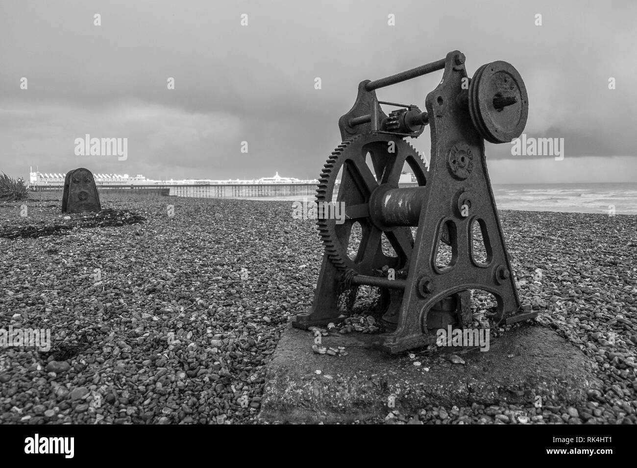 Verricello in barca sulla spiaggia di Brighton Foto Stock