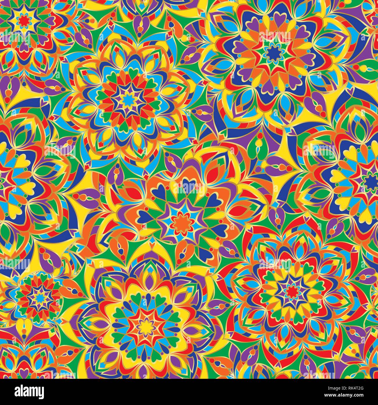 Luminoso modello di perfetta in stile etnico. Ornamento dal Mandala colorati con un contorno in oro. Può essere utilizzato per i tessili, carta o la confezione regalo. Vettore Illustrazione Vettoriale