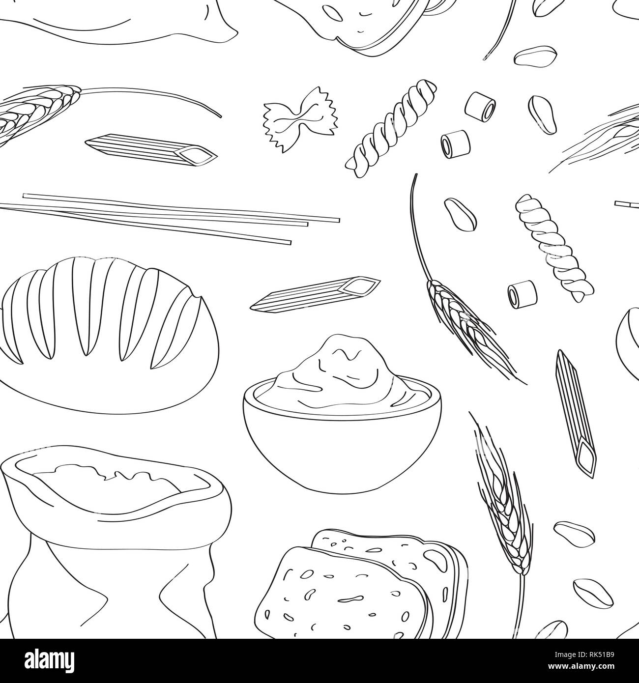 Insieme tematico di prodotti alimentari a partire dal grano e farina pattern. Illustrazione vettoriale EPS, 10 Illustrazione Vettoriale