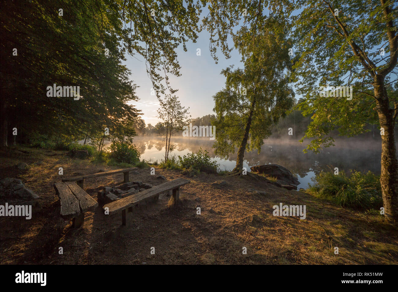 Sun alzare presto la mattina al lago in Svezia Foto Stock