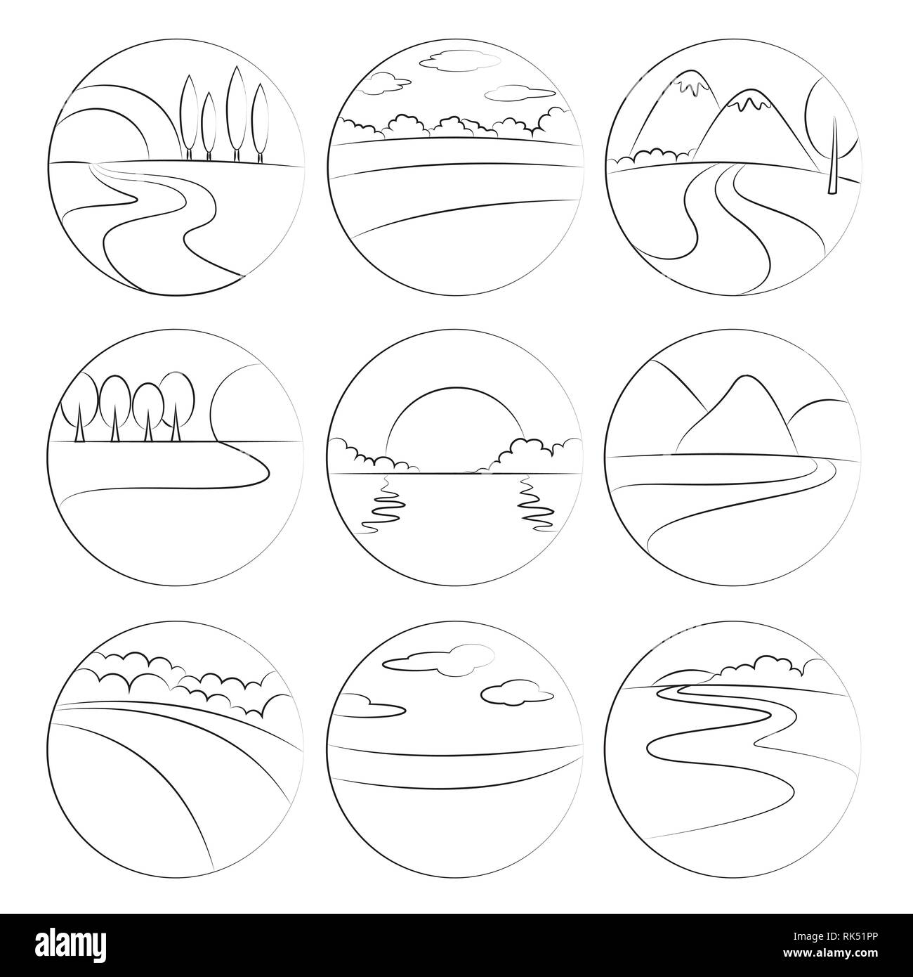 Fiume e le icone del paesaggio. Simboli di ecologia natura e viaggi di sole e di mare, montagna, albero, parco o verde bosco, estate tramonto e fiume. Illustrazione Vettoriale