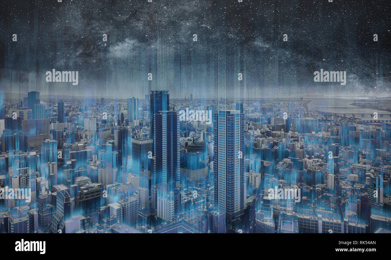 Smart city e della tecnologia di rete. Città moderna con tecnologia di connessione di rete Foto Stock