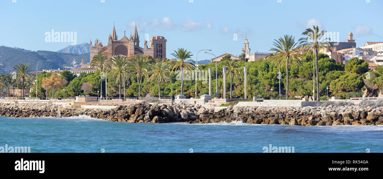 Palma de Mallorca - Il lungomare e la cattedrale La Seu in background. Foto Stock