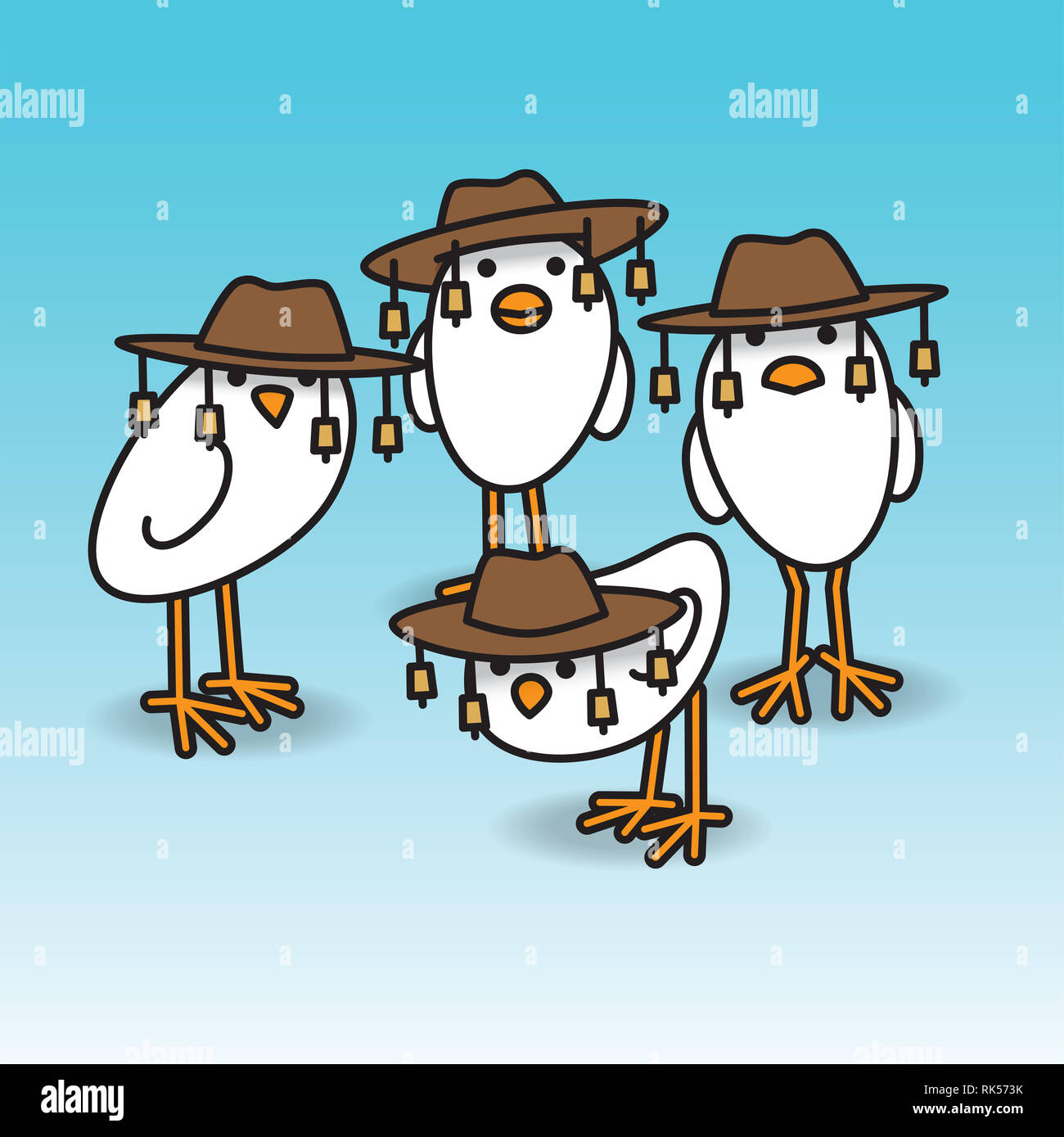 Quattro bianchi Aussie pulcini lo sguardo verso la telecamera indossando il tradizionale bush australiano cappelli Foto Stock