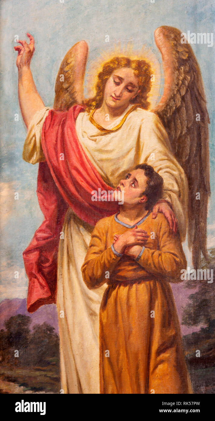 PALMA DE MALLORCA, Spagna - 28 gennaio 2019: il dipinto di Raffaello Arcangelo e Tobias nella chiesa Iglesia Nuestra Sanora del Socorro Foto Stock