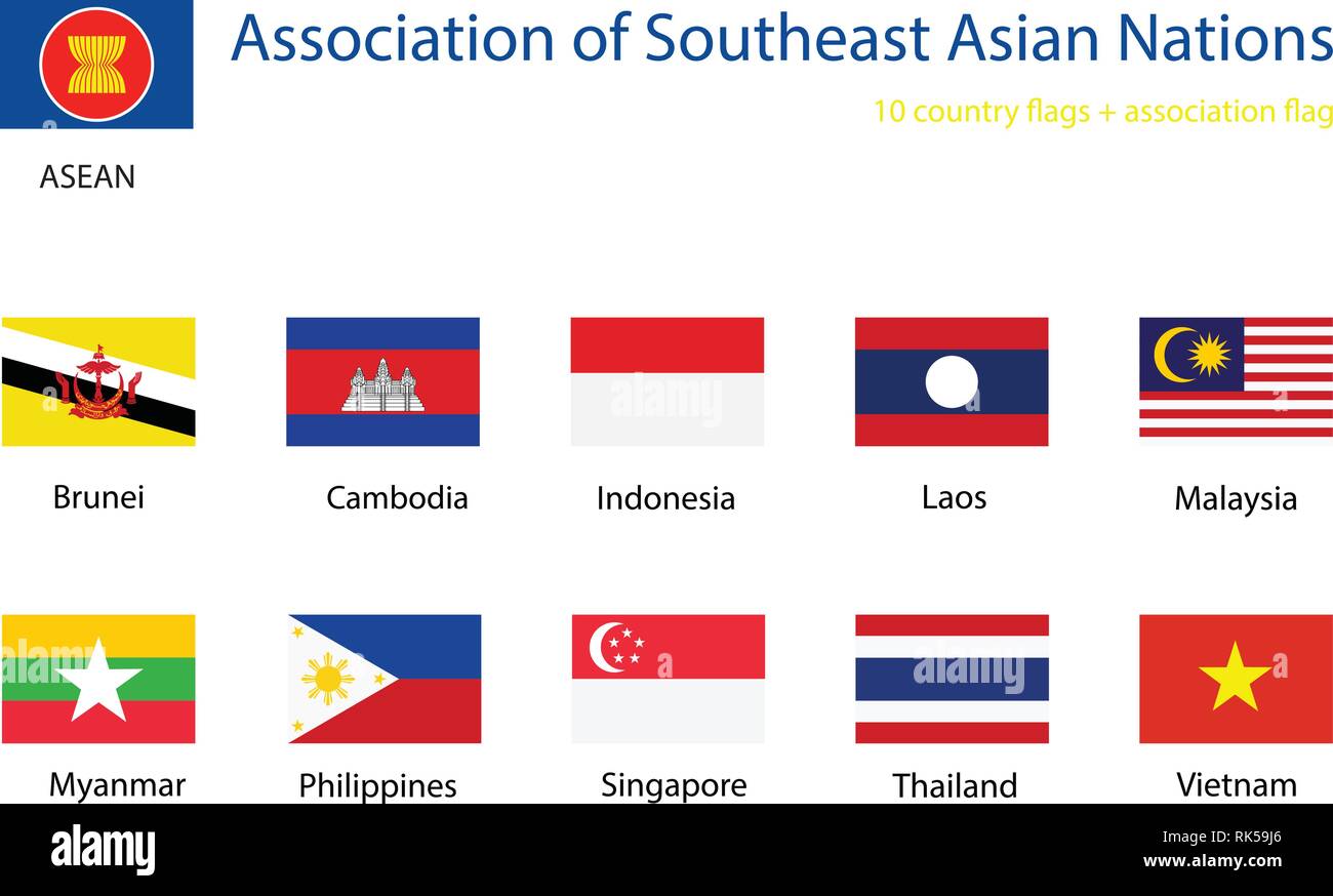 L'ASEAN vettore di flag. Associazione delle nazioni del sud-est Asiatico membri paese flag impostato, raccolta Illustrazione Vettoriale